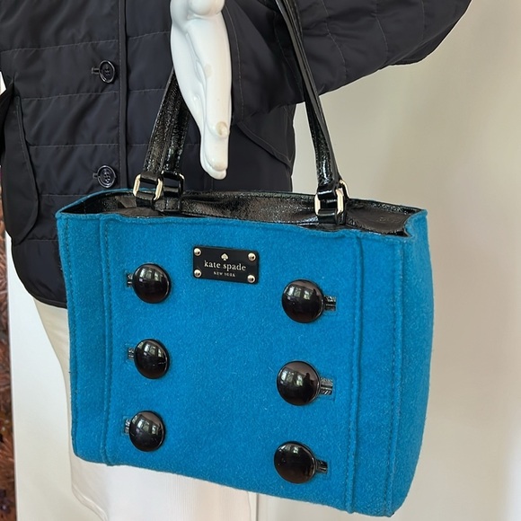 Kate Spade Teal Wool and Black Patent Leather Structured Tote Bag - Picture 2 of 11